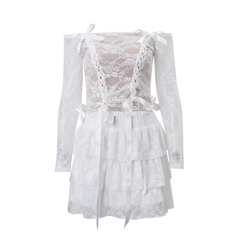 Y2K Off-Shoulder Bowknot Lace-Up Ruched Mini Skirt Set - Coquette & Grunge Aesthetic