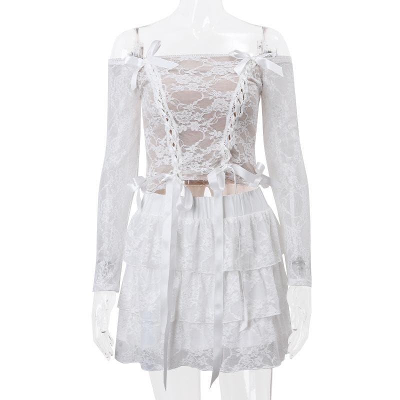 Y2K Off-Shoulder Bowknot Lace-Up Ruched Mini Skirt Set - Coquette & Grunge Aesthetic