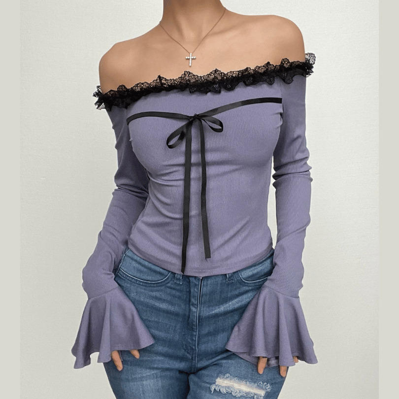 Y2K Off-Shoulder Bowknot Lace Hem Top - Cute Grunge Aesthetic Flared Sleeve Fashion