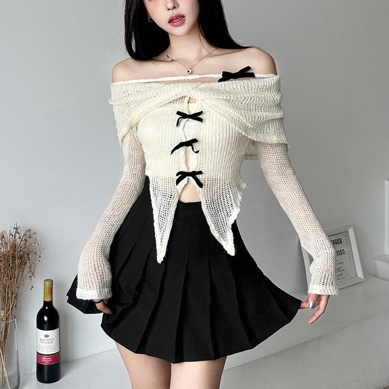 Y2K Off-Shoulder Bowknot Long Sleeve Top - Cute Contrast Backless Aesthetic Fashion