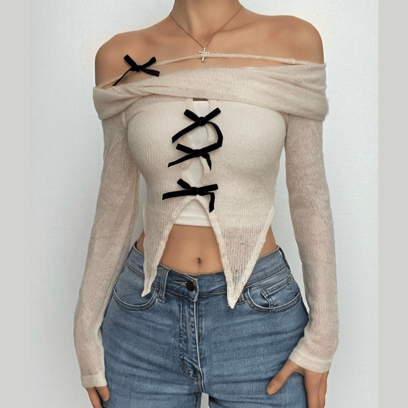 Y2K Off-Shoulder Bowknot Long Sleeve Top - Cute Contrast Backless Aesthetic Fashion