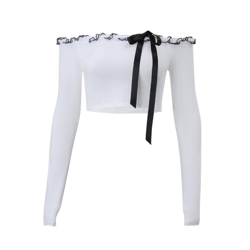 Y2K Off-Shoulder Bowknot Ruffle Crop Top - Cute Pastel Goth Aesthetic Fashion