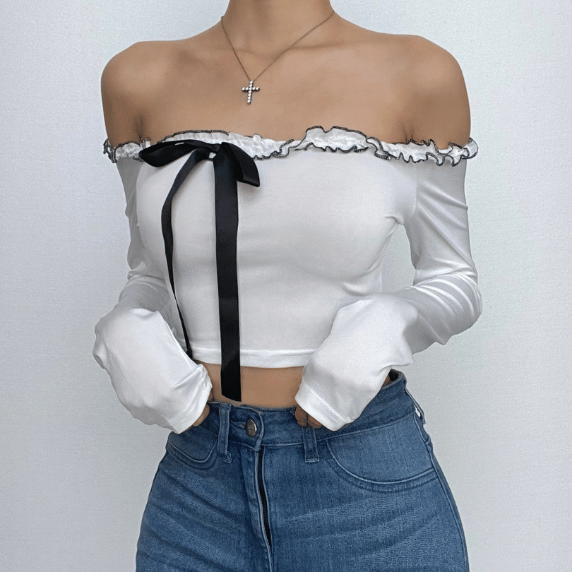 Y2K Off-Shoulder Bowknot Ruffle Crop Top - Cute Pastel Goth Aesthetic Fashion