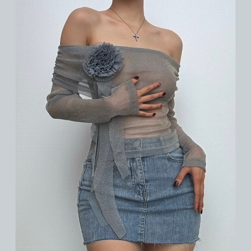 Y2K Off-Shoulder Glitter Top with Flower Applique - Cute Aesthetic for Coquette & Grunge Styles
