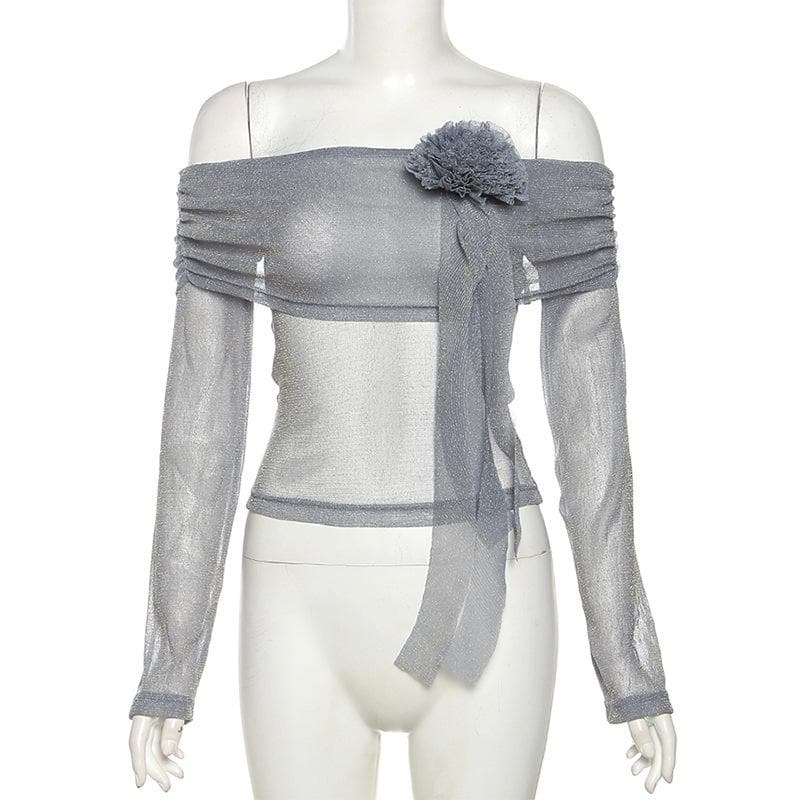 Y2K Off-Shoulder Glitter Top with Flower Applique - Cute Aesthetic for Coquette & Grunge Styles