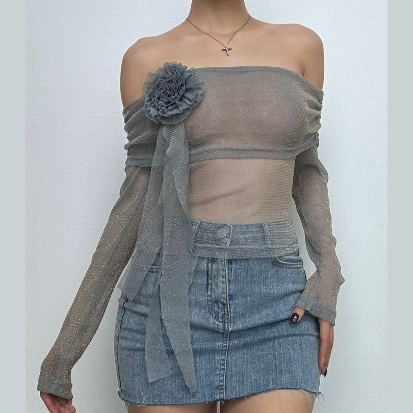 Y2K Off-Shoulder Glitter Top with Flower Applique - Cute Aesthetic for Coquette & Grunge Styles