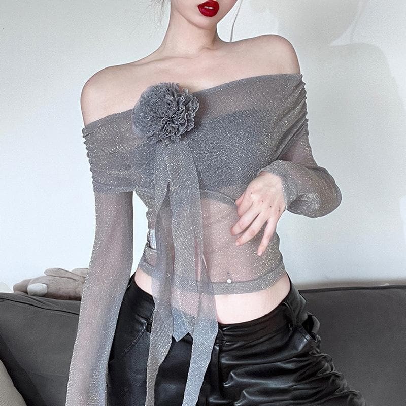 Y2K Off-Shoulder Glitter Top with Flower Applique - Cute Aesthetic for Coquette & Grunge Styles