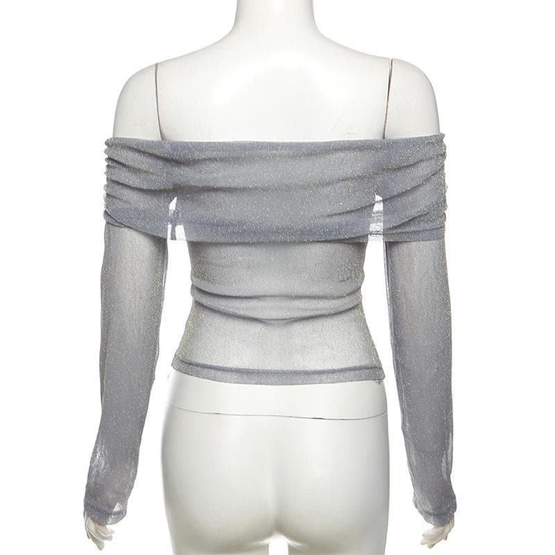 Y2K Off-Shoulder Glitter Top with Flower Applique - Cute Aesthetic for Coquette & Grunge Styles
