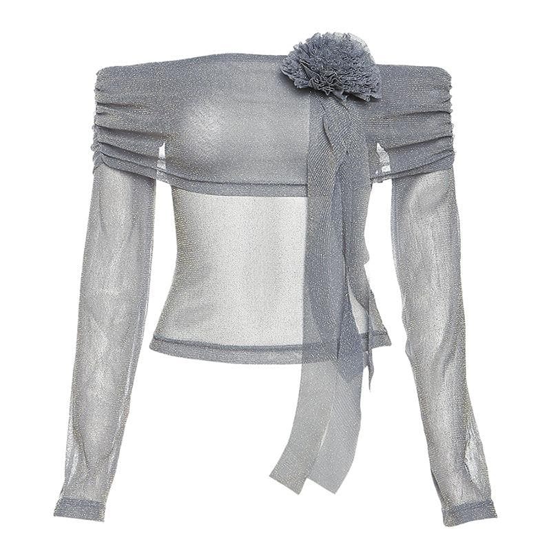 Y2K Off-Shoulder Glitter Top with Flower Applique - Cute Aesthetic for Coquette & Grunge Styles