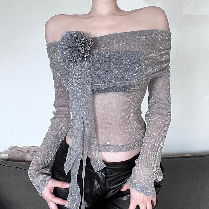Y2K Off-Shoulder Glitter Top with Flower Applique - Cute Aesthetic for Coquette & Grunge Styles