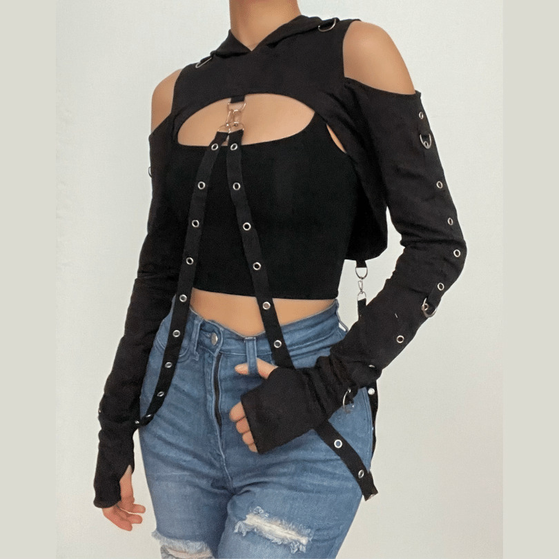 Y2K Off-Shoulder Hoodie with Ribbon, Long Sleeve Buckle Crop Top & Gloves - Grunge Aesthetic
