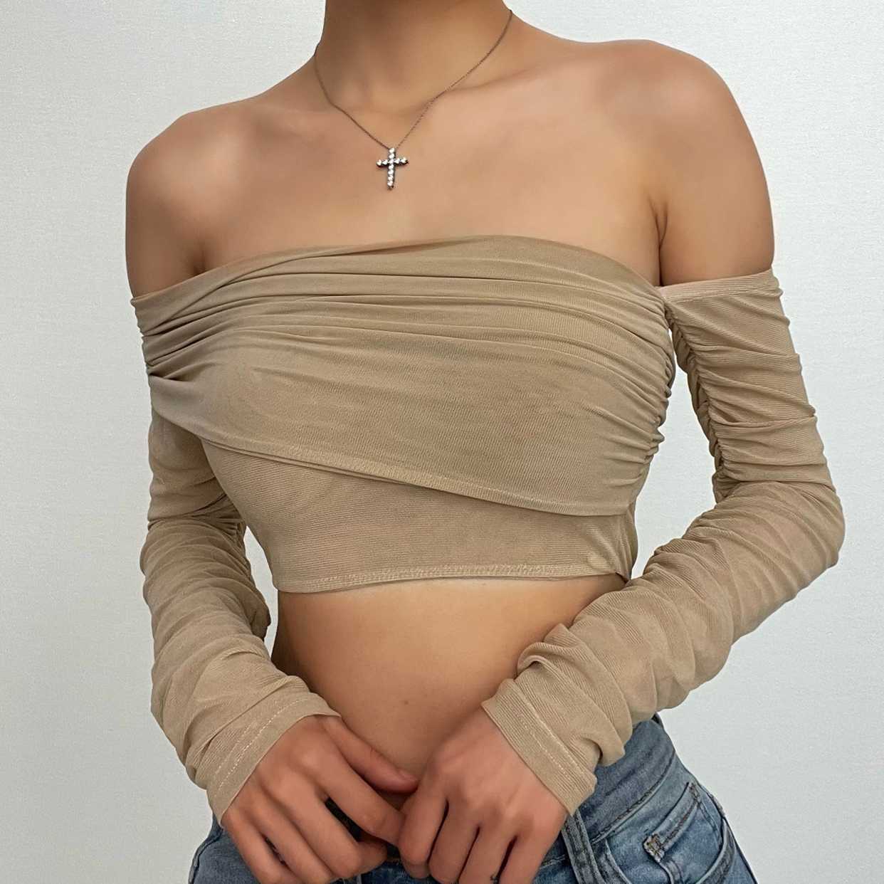 Y2K Off-Shoulder Irregular Crop Top - Cute Mesh Top for Coquette & Grunge Aesthetic