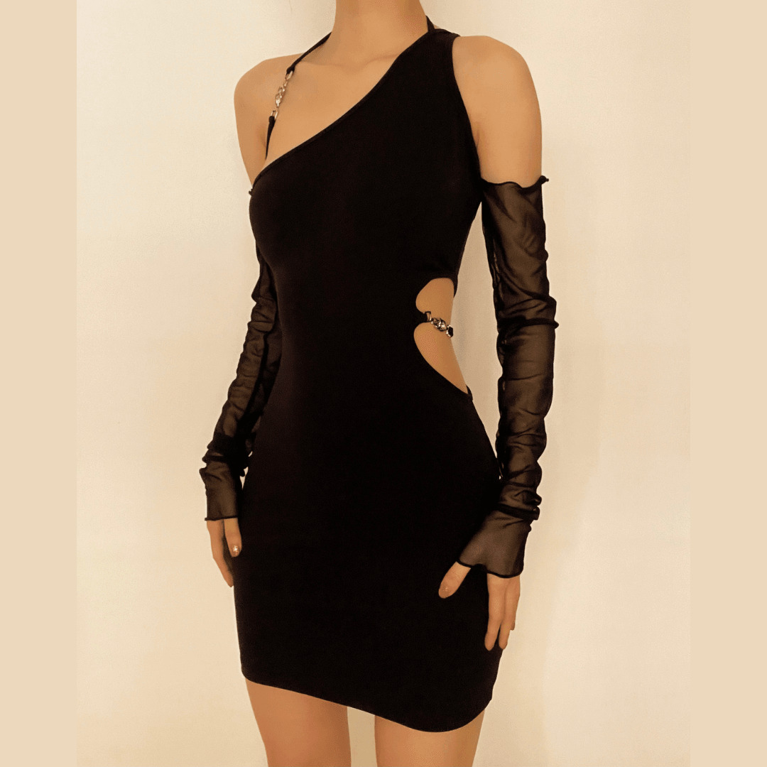 Y2K Off-Shoulder Irregular Dress with Long Mesh Sleeves - Grunge & Coquette Aesthetic