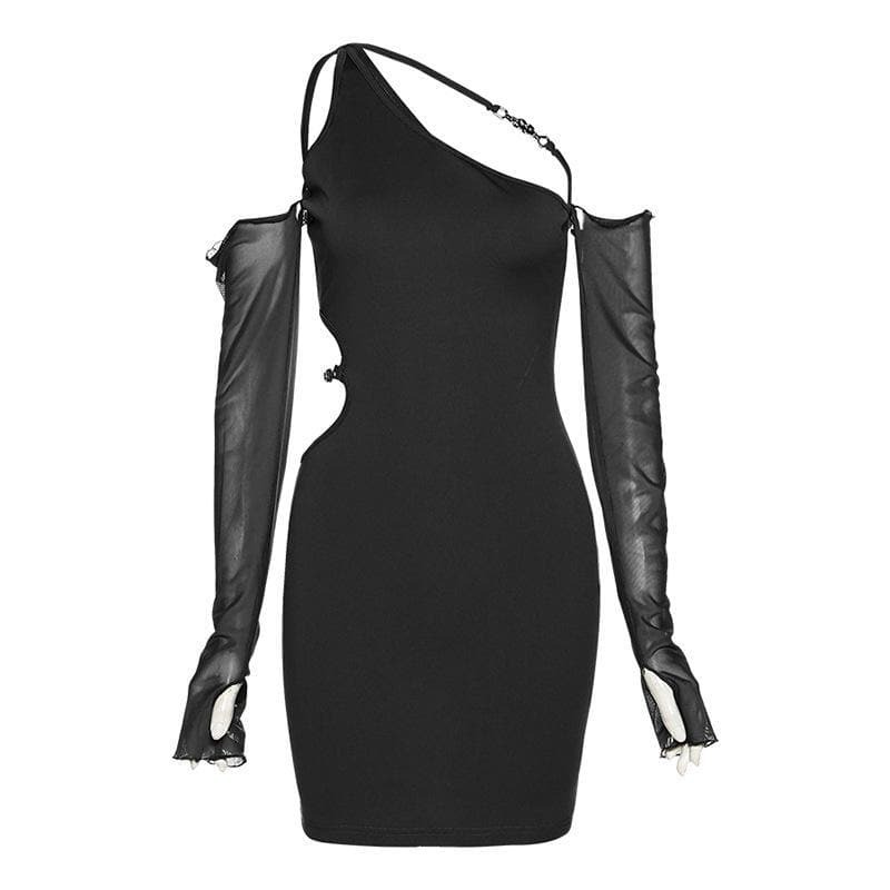 Y2K Off-Shoulder Irregular Dress with Long Mesh Sleeves - Grunge & Coquette Aesthetic