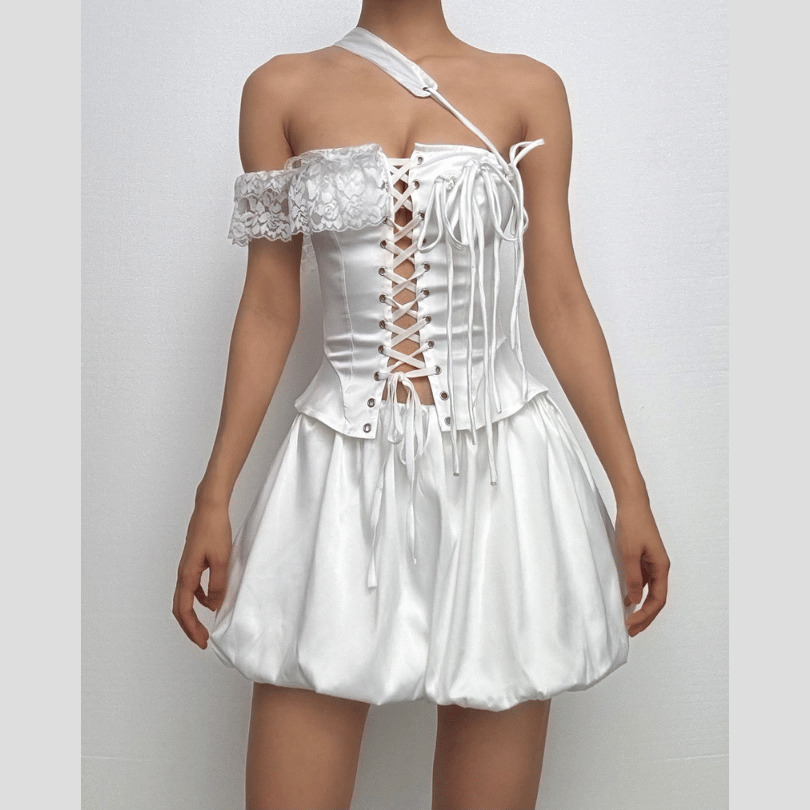 Y2K Off-Shoulder Irregular Lace-Up Satin Ruffle Puff Skirt Set for Coquette & Grunge Aesthetics