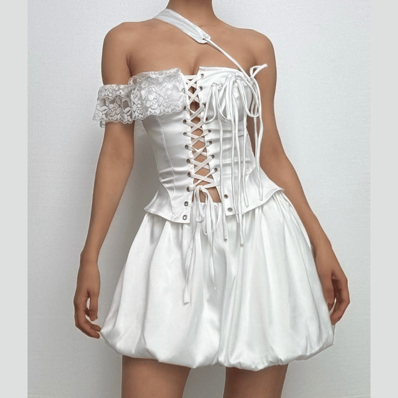 Y2K Off-Shoulder Irregular Lace-Up Satin Ruffle Puff Skirt Set for Coquette & Grunge Aesthetics