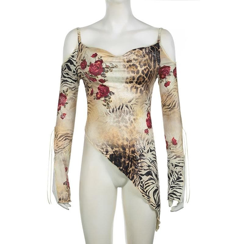 Y2K Off-Shoulder Irregular Print Cami Top - Cute Aesthetic for Coquette & Grunge Styles
