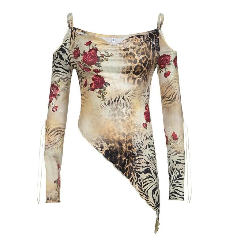 Y2K Off-Shoulder Irregular Print Cami Top - Cute Aesthetic for Coquette & Grunge Styles