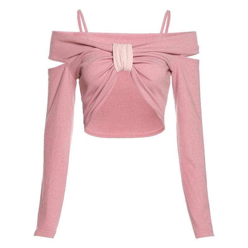 Y2K Off-Shoulder Knotted Crop Top - Cute Pastel Goth & Coquette Aesthetic Fashion