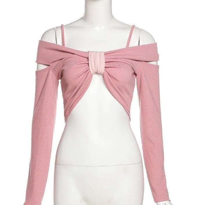 Y2K Off-Shoulder Knotted Crop Top - Cute Pastel Goth & Coquette Aesthetic Fashion