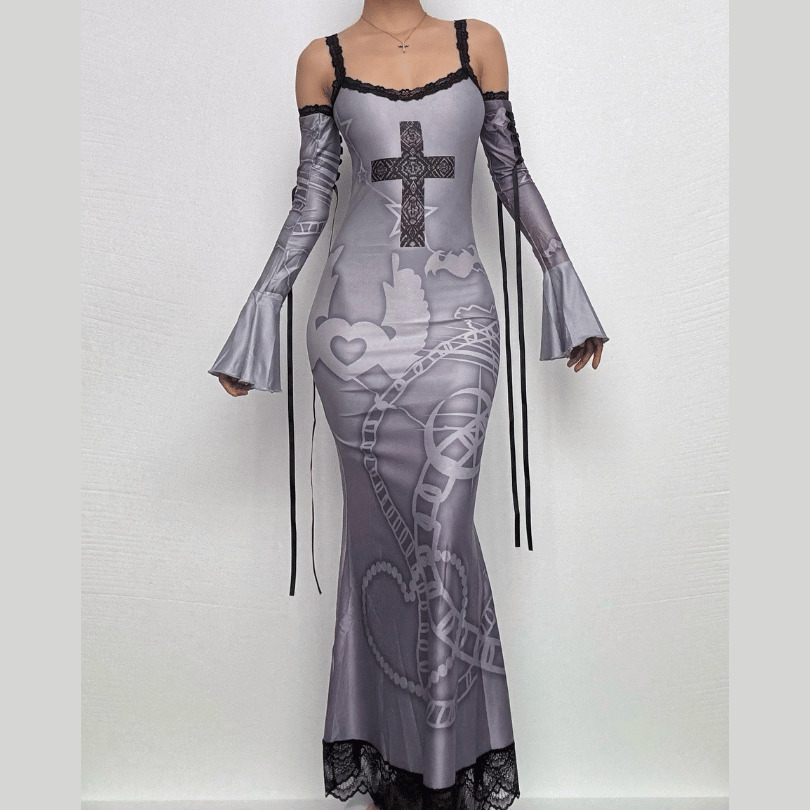 Y2K Off-Shoulder Lace Cami Maxi Dress with Flared Sleeves - Coquette & Grunge Aesthetic