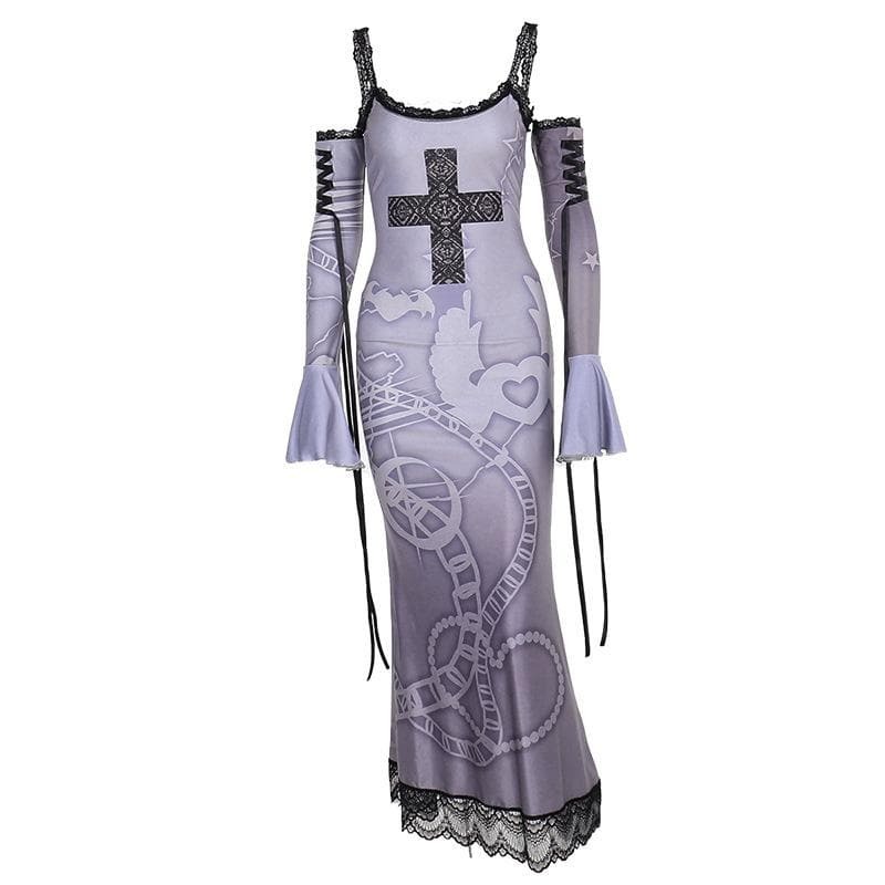 Y2K Off-Shoulder Lace Cami Maxi Dress with Flared Sleeves - Coquette & Grunge Aesthetic