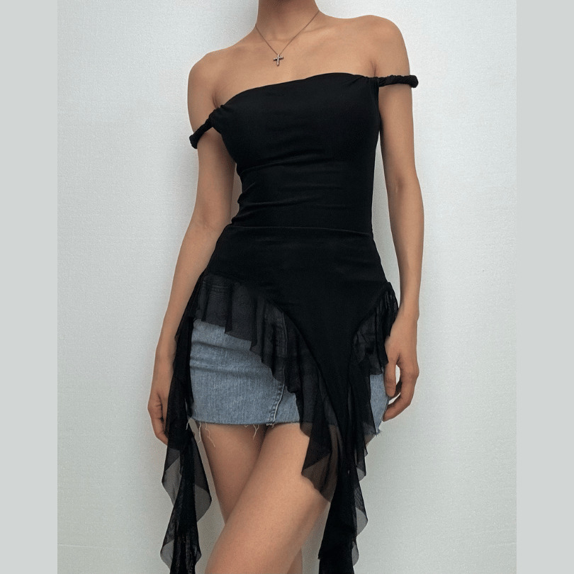 Y2K Off-Shoulder Ruffle Mesh Top - Cute Pastel Goth Aesthetic for Grunge & Coquette Styles