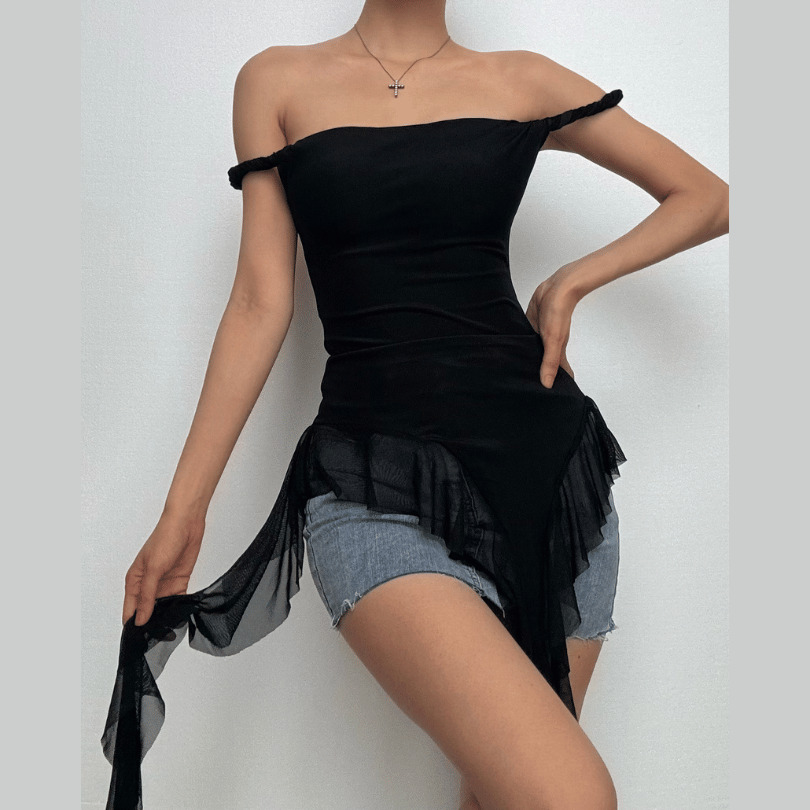 Y2K Off-Shoulder Ruffle Mesh Top - Cute Pastel Goth Aesthetic for Grunge & Coquette Styles