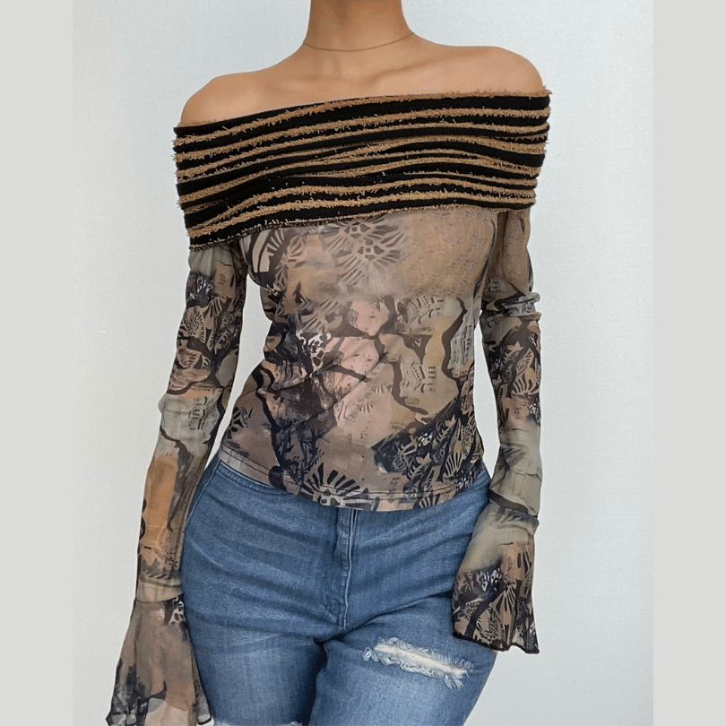 Y2K Off-Shoulder Ruffle Mesh Top - Cute Pastel Goth Patchwork for Coquette Aesthetic