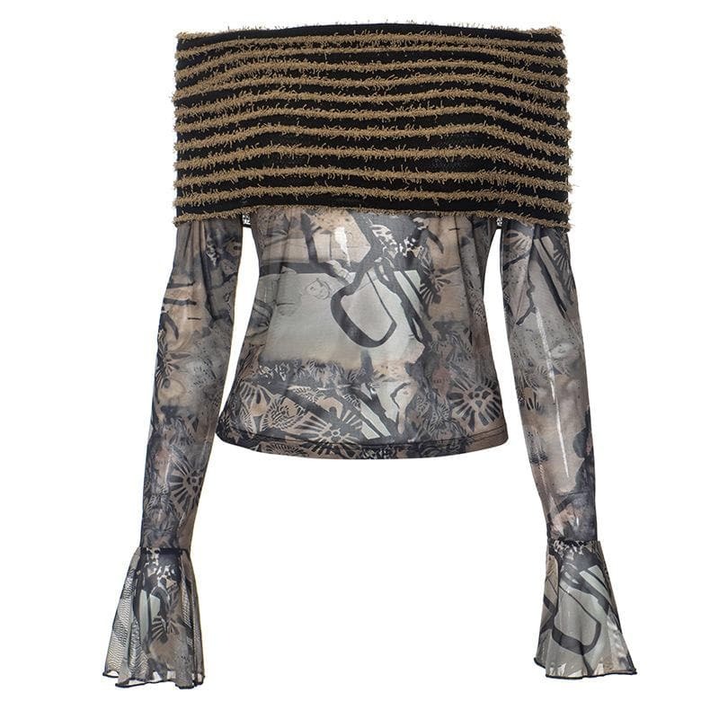 Y2K Off-Shoulder Ruffle Mesh Top - Cute Pastel Goth Patchwork for Coquette Aesthetic