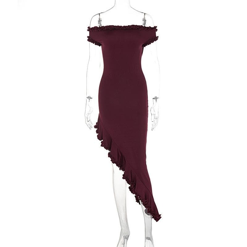 Y2K Off-Shoulder Ruffle Midi Dress - Cute Pastel Goth & Coquette Aesthetic Fashion