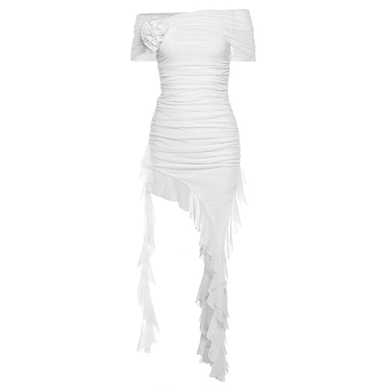 Y2K Off-Shoulder Ruffle Mini Dress with Flower Applique - Cute Coquette Aesthetic