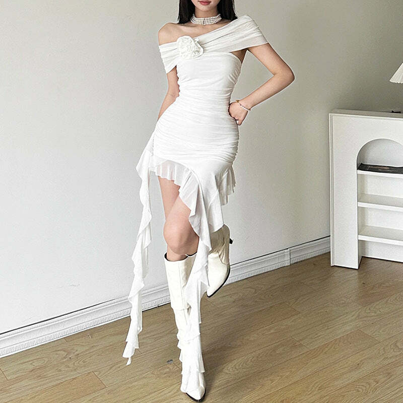 Y2K Off-Shoulder Ruffle Mini Dress with Flower Applique - Cute Coquette Aesthetic