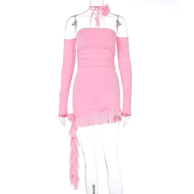 Y2K Off-Shoulder Ruffle Mini Dress with Flower Applique - Cute Grunge & Coquette Aesthetic