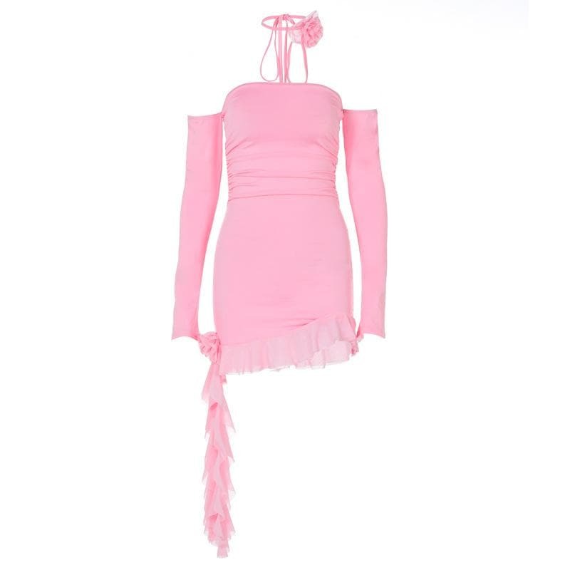 Y2K Off-Shoulder Ruffle Mini Dress with Flower Applique - Cute Grunge & Coquette Aesthetic