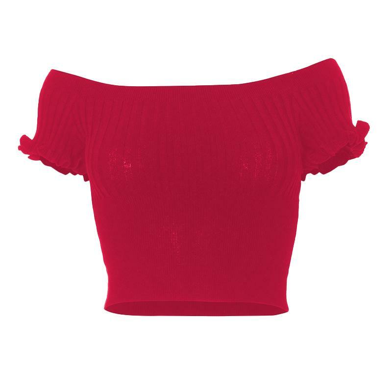 Y2K Off-Shoulder Ruffle Ribbed Crop Top - Cute Pastel Goth & Coquette Aesthetic Style