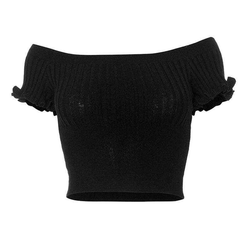Y2K Off-Shoulder Ruffle Ribbed Crop Top - Cute Pastel Goth & Coquette Aesthetic Style