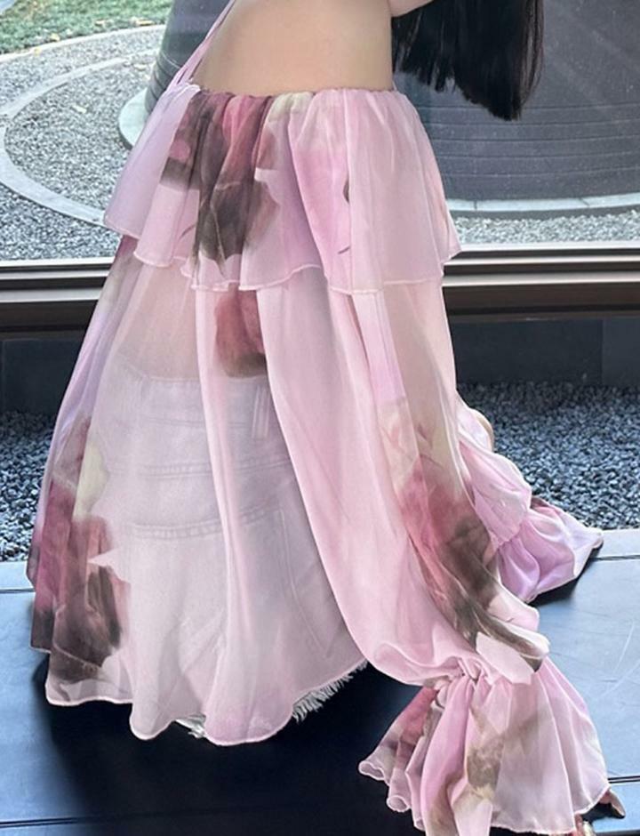 Y2K Off-Shoulder Ruffled Chiffon Blouse with Tie Neck - Cute Spring Aesthetic Top