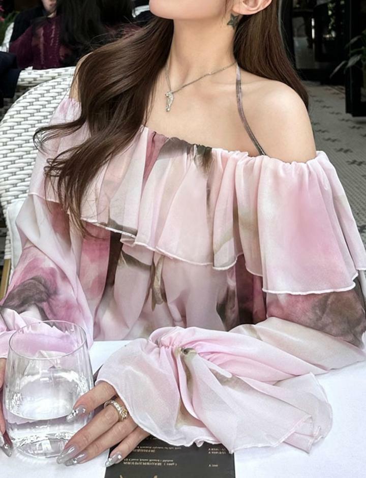 Y2K Off-Shoulder Ruffled Chiffon Blouse with Tie Neck - Cute Spring Aesthetic Top