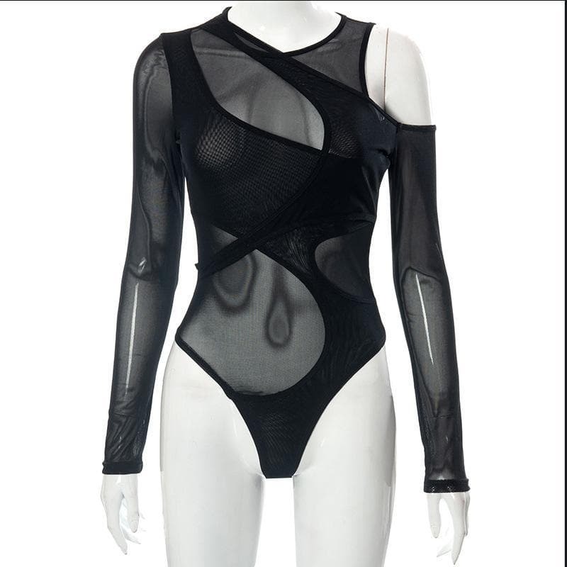 Y2K Off-Shoulder Sheer Mesh Bodysuit - Grunge & Coquette Aesthetic Top for Cute Outfits