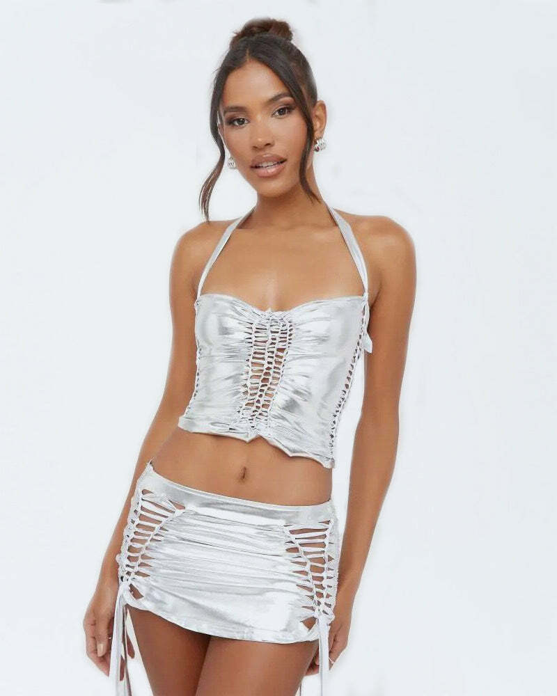 Y2K Off-the-Shoulder Top & Cargo Skirt Set - Coquette Aesthetic with Grunge Vibes