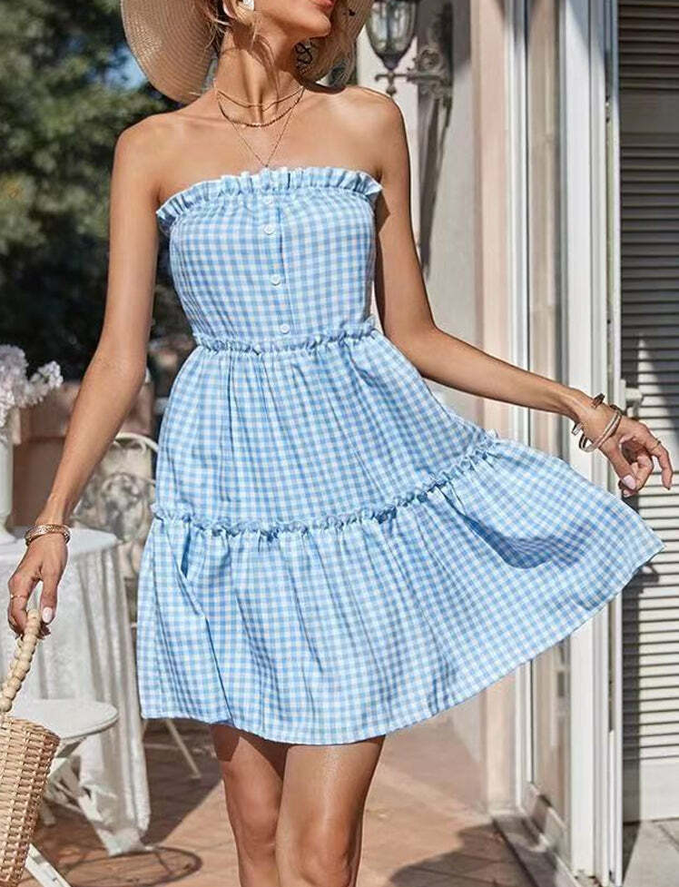 Y2K Off Shoulder Plaid Tiered Skirt - Cute Coquette Aesthetic for Grunge & Preppy Styles