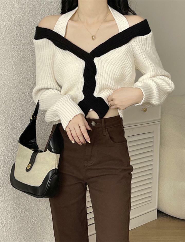 Y2K Off Shoulder Twist Halter Knit Top - Cute Pastel Goth Aesthetic for Grunge & Coquette Styles