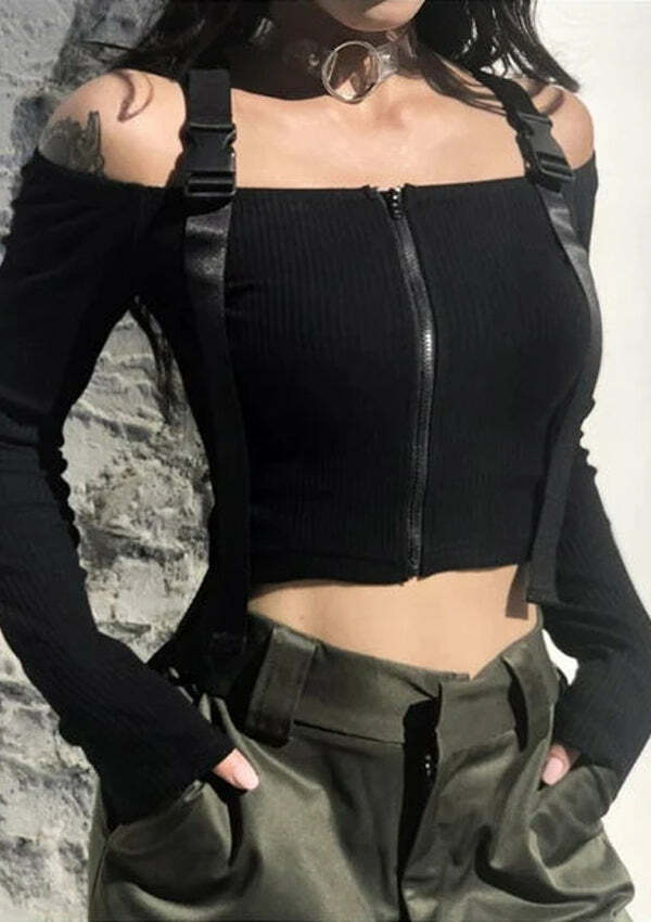 Y2K Off Shoulder Zipper Crop Top - Cute Pastel Goth Aesthetic for Grunge & Coquette Styles