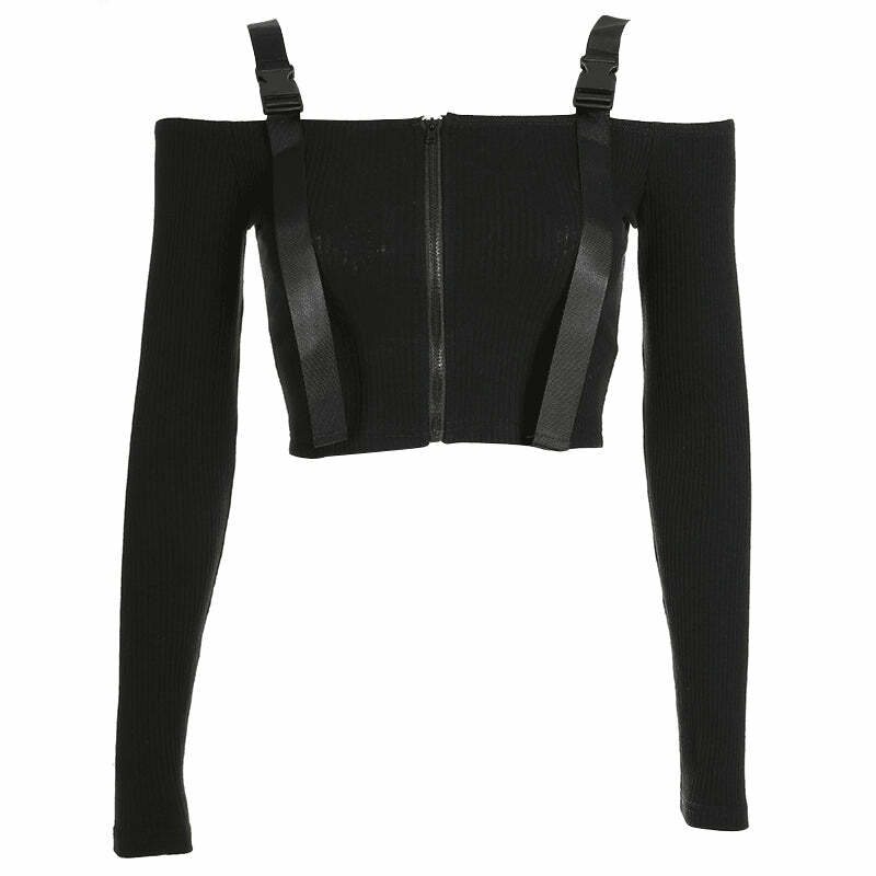 Y2K Off Shoulder Zipper Crop Top - Cute Pastel Goth Aesthetic for Grunge & Coquette Styles