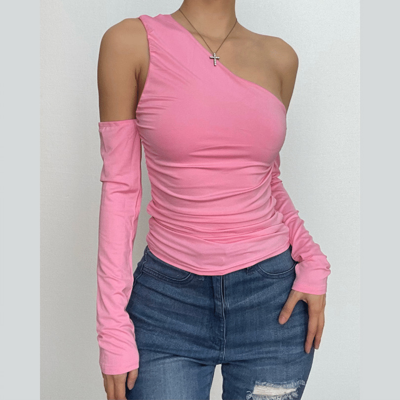 Y2K One Shoulder Ruched Top - Cute Pastel Goth Aesthetic Long Sleeve Fashion