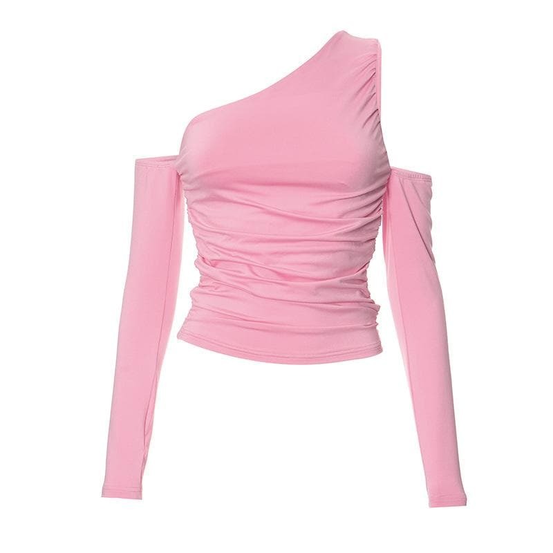 Y2K One Shoulder Ruched Top - Cute Pastel Goth Aesthetic Long Sleeve Fashion