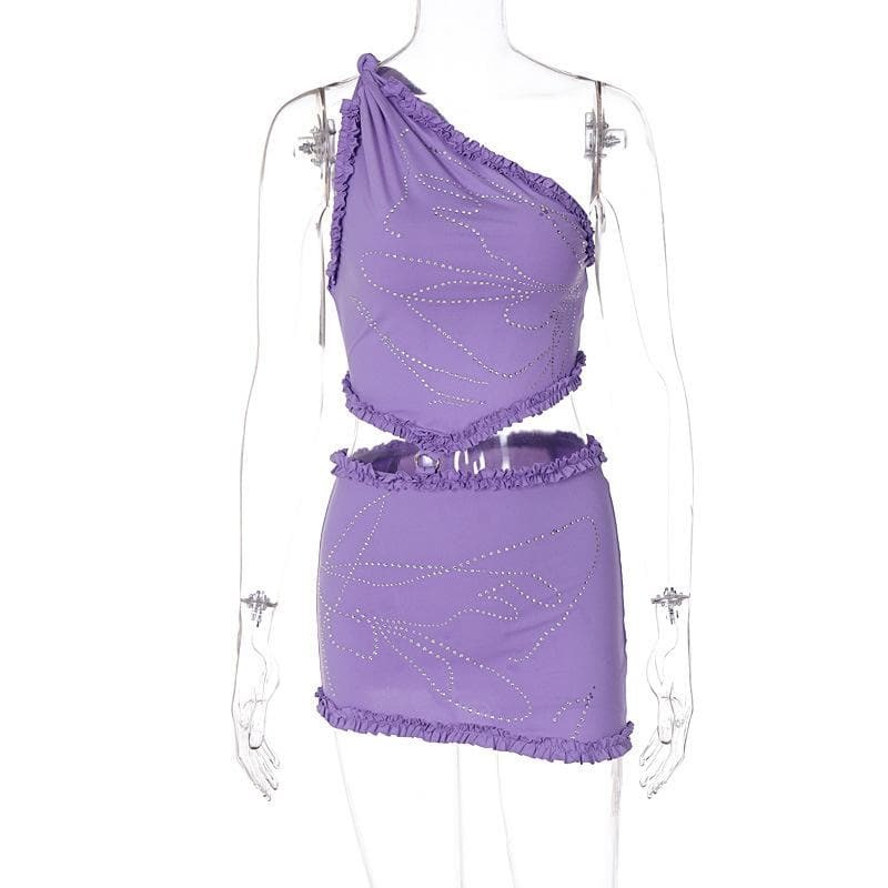 Y2K One Shoulder Ruffle Beaded Mini Skirt Set - Cute Coquette Aesthetic Outfit