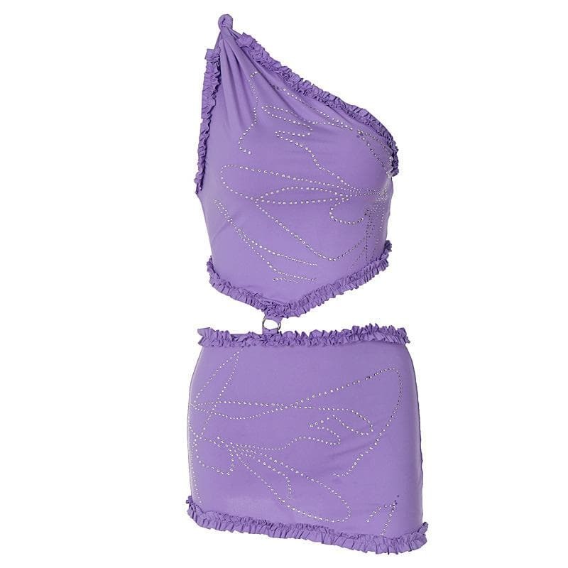 Y2K One Shoulder Ruffle Beaded Mini Skirt Set - Cute Coquette Aesthetic Outfit