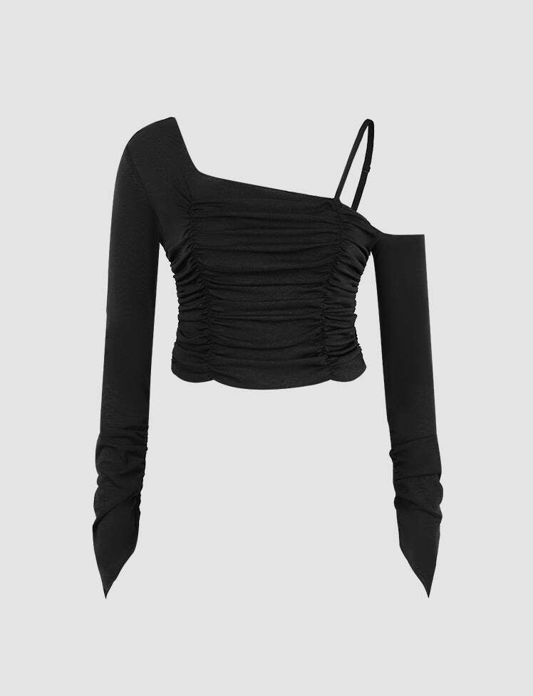 Y2K One Shoulder Ruffle Crop Top - Cute Pastel Goth Aesthetic for Trendy Outfits